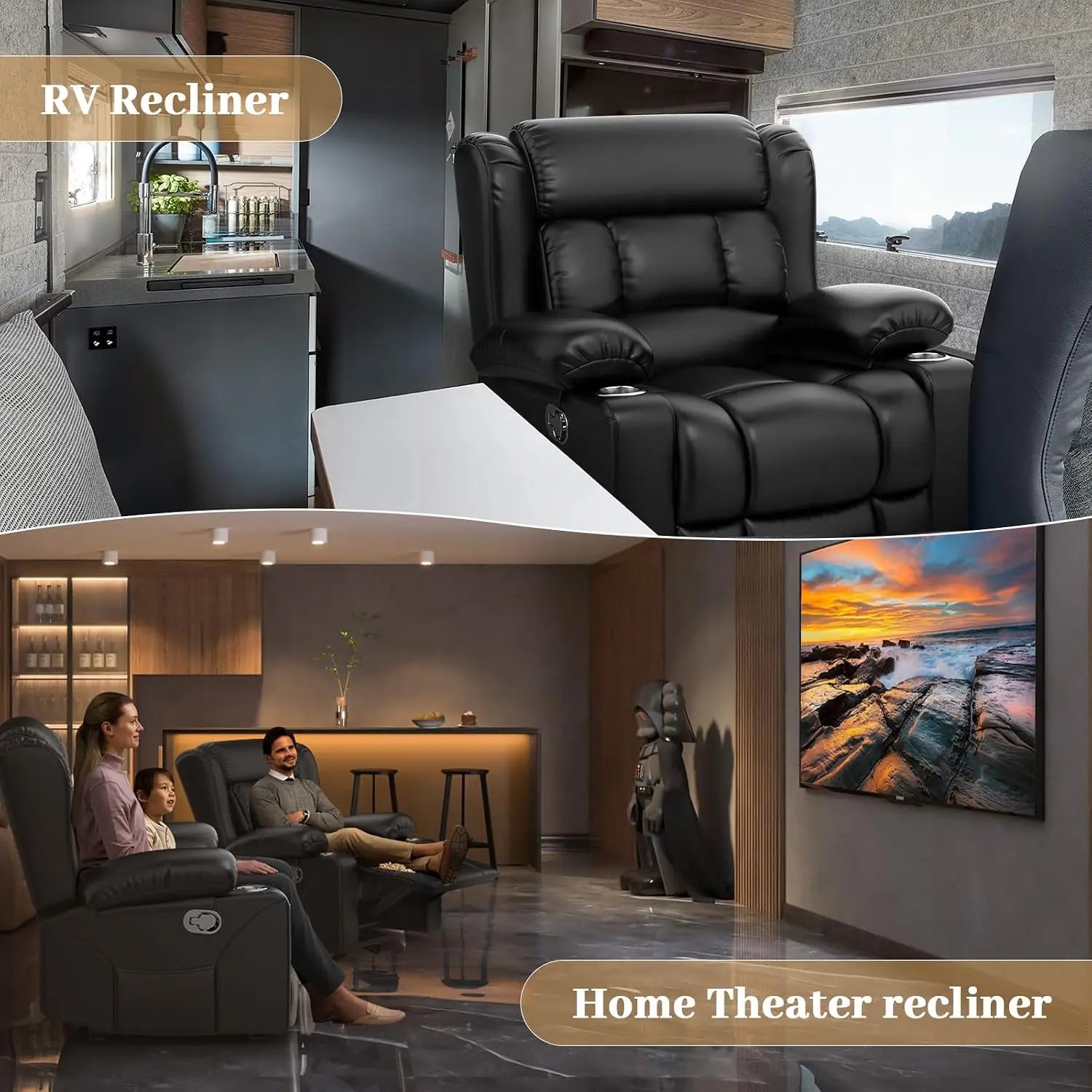Oversized Manual Recliner Chair with Cup Holder & Storage, Single Reclining Sofa for Living Room Home Theater RV