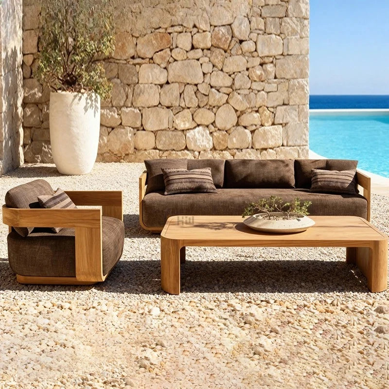Sofa, with Waterproof UV-resistant Cushion, Outdoor Wooden Furniture, with Customized Service, for Hotel Patio Courtyard Use