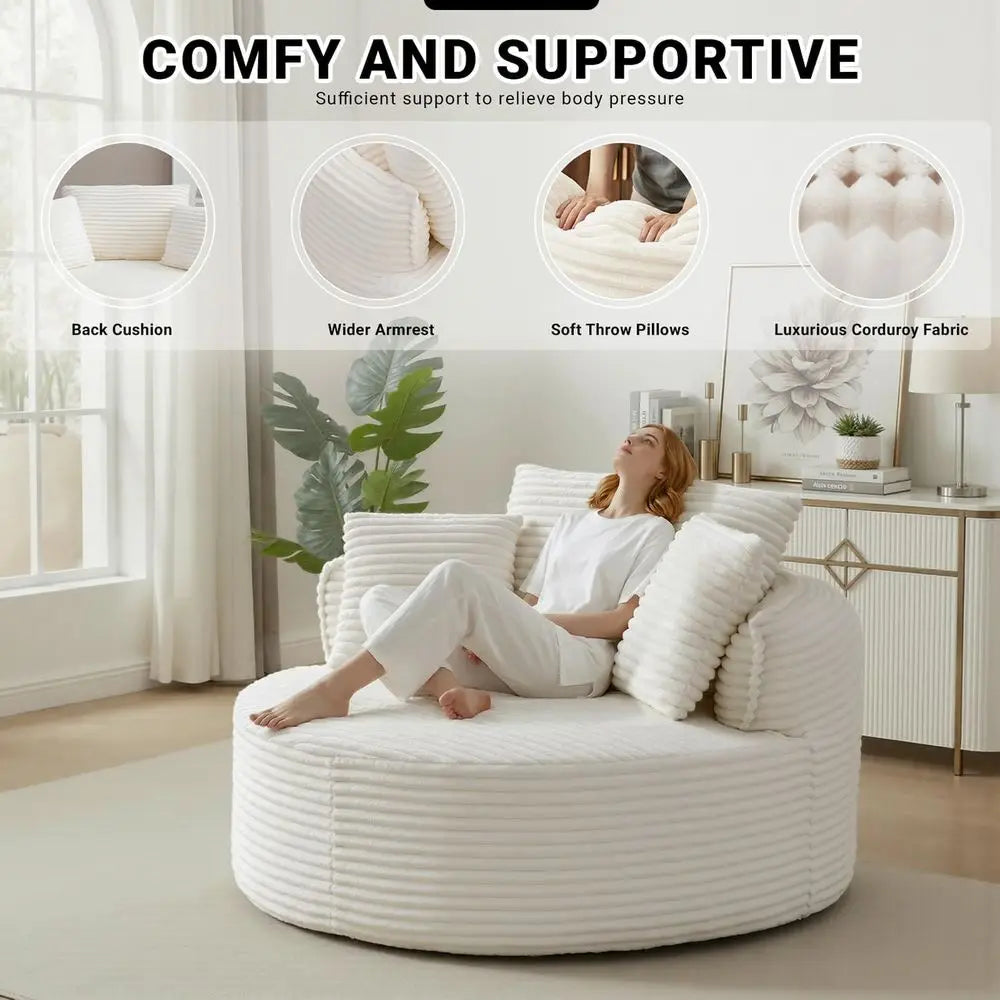 Oversized Round Chaise Lounge Chair Indoor, 55" Corduroy Deep Seat Floor Sofa for Living Room, Beige