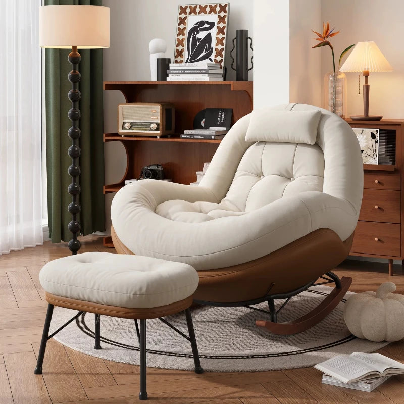 Cozy Button Tufted Rocking Leisure Chair, Curved Wrap-around Chenille Padded Single Recliner Sofa Chair With Wooden Rocking