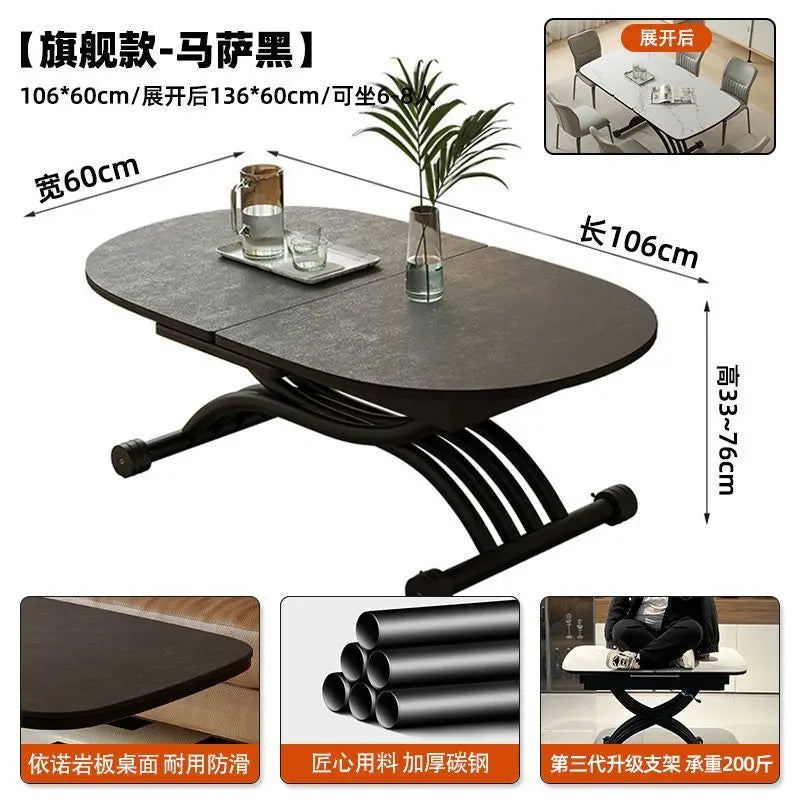 Black light luxury rock slab lifting coffee table dining  dual-purpose retractable mobile dining