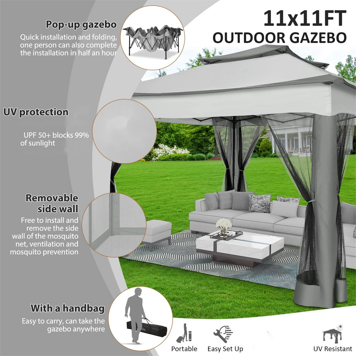 11x11 Pop up Gazebo on Clearance with Mosquito Netting&Sandbags, Outdoor Canopy Tent with 4 Ropes 8 Stakes&Portable Carrying Bag