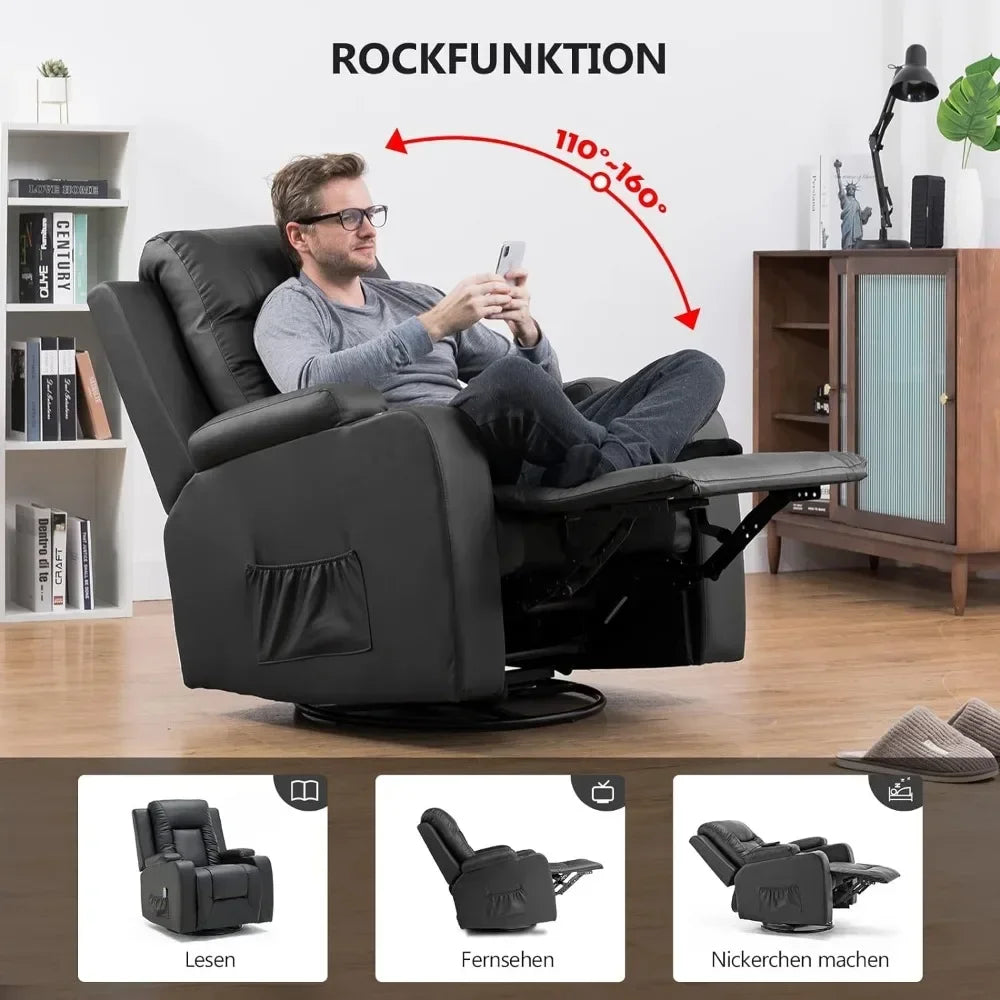 Leather Recliner Chair Modern Rocker with Heated Massage Ergonomic Lounge 360 Degree Swivel Single Sofa Seat with Drink Holders