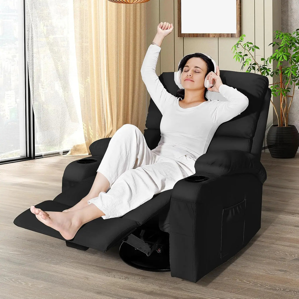 Rocking Recliner Chair, Massage Rocker Recliner Chair with Vibration Massage and Heat, 360° Swivel Faux Leather Chairs, Living R