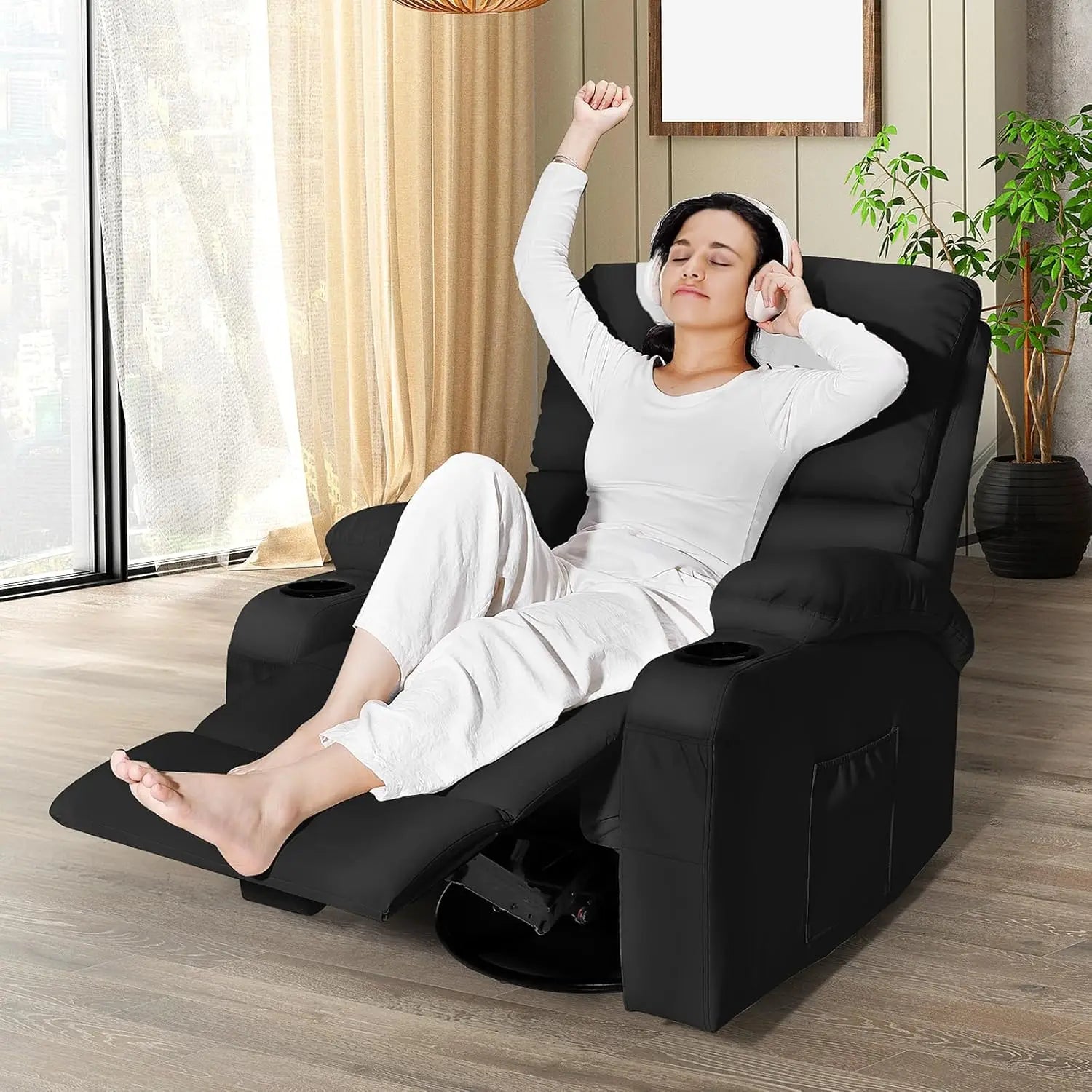 Rocking Recliner Chair, Massage Rocker Recliner Chair with Vibration Massage and Heat, 360° Swivel Faux Leather Chairs, Living R