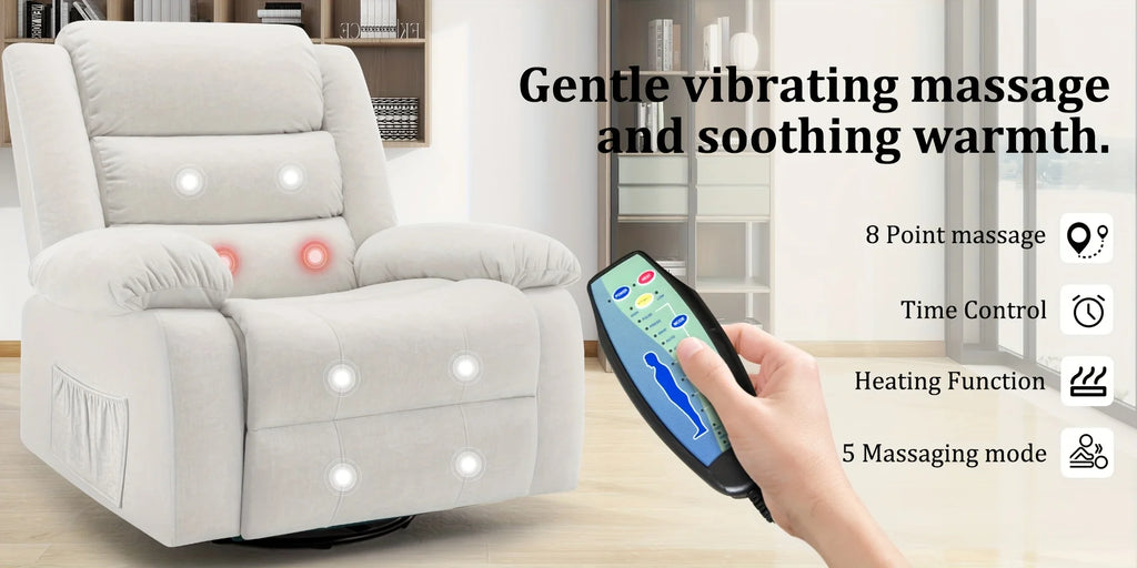 Rocking Chair with Massage And Heating Function, 360° Rotating Extra Large Recliner, Wide Rocking Chair for Adults with Side Poc