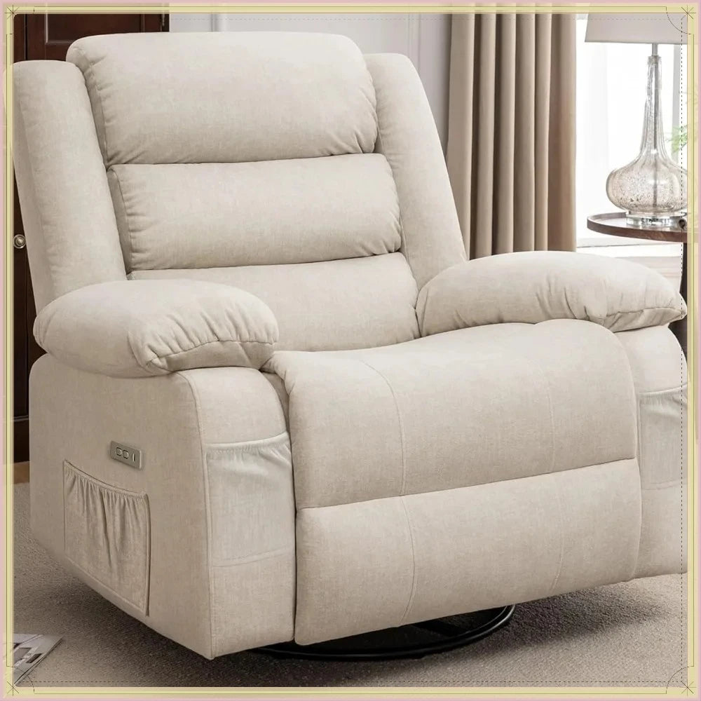 Power Recliner Chair with Massage Heat 270° Swivel USB Port Oversized Wide Seat Beige