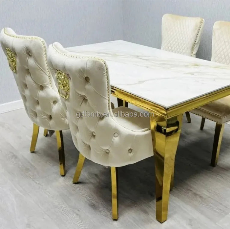 Italian Furniture Luxury Dining Table Set 4 6 8 Chairs Restaurant Dining Table and Chair Set Stainless Steel Marble Dining Table