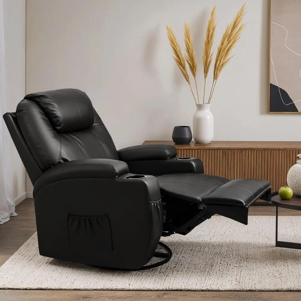 Black Leather Swivel Rocking Recliner Chair with Massage and Cup Holders for Living Room, Bedroom, or Nursery