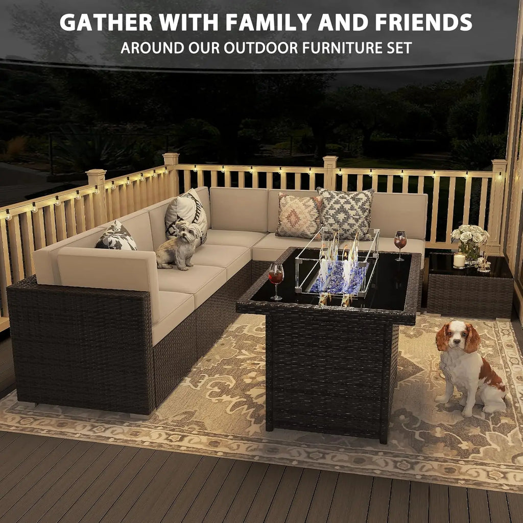 u*-8 Pieces Patio Furniture Set With 44" Propane Gas Fire Pit Table, Outdoor Sectional Brown Rattan Wicker, Customized