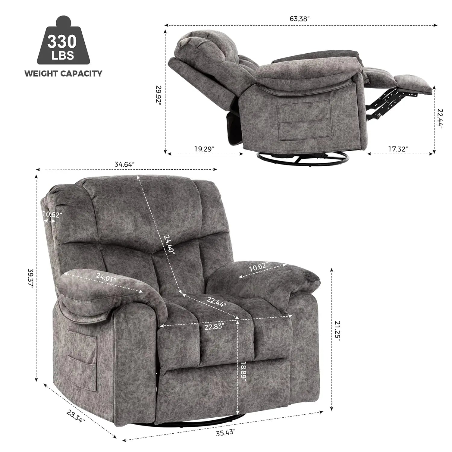 Recliner Chair with Swivel Glider Base for Living Room, Overstuffed Rocker Recliner with Foldable Armrest & Hidden, Customized