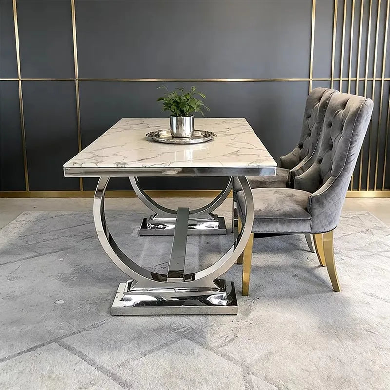 # Factory Wholesale Solid Marble Dining Table with Silver Circle Decorations
