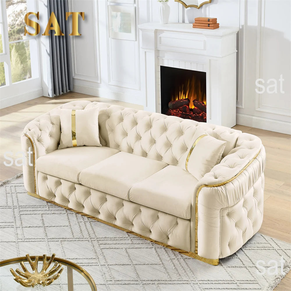 #￥Custom Velvet Button Tufted Sofa Couch with 2 Pillows 3 Seater Luxury Chesterfield Sofa Set with Gold Stainless Steel Accents