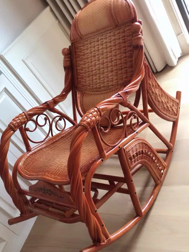 CZ Rocking Chair Hanging Basket Natural Real Rattan Plant Woven Relaxing Leisure Recliner