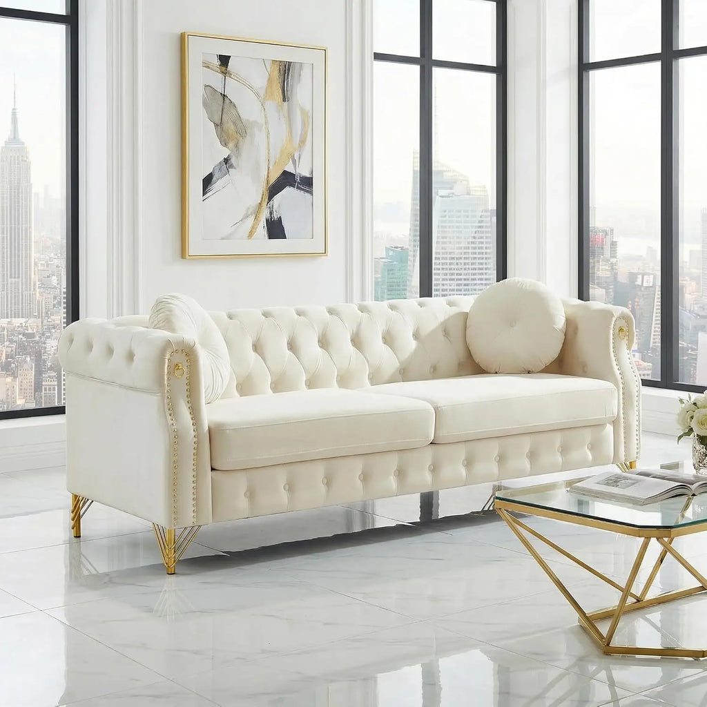 82" Beige 3-Seater Velvet Sofa with Pillows & Copper Studs, Living Room Furniture, Customized