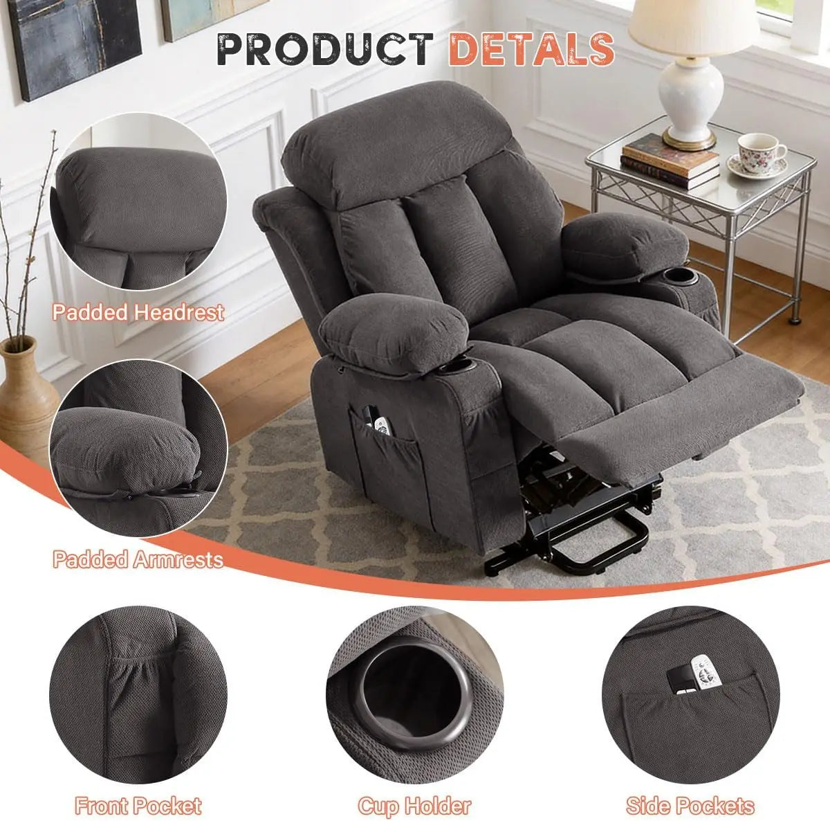 Power Lift Recliner Chair with Massage & Heat for Elderly, Electric Recliner Single Sofa Cup Holders USB