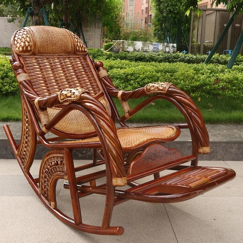 Rattan Rocking Chair Adjustable Backrest Recliner Leisure Nap Chair For Home Balcony Living Room