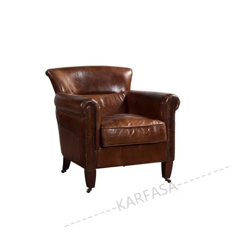 Classic Genuine Leather Single Sofa Wood Frame European-American Design for Living Room Office | High Quality Luxury Furniture