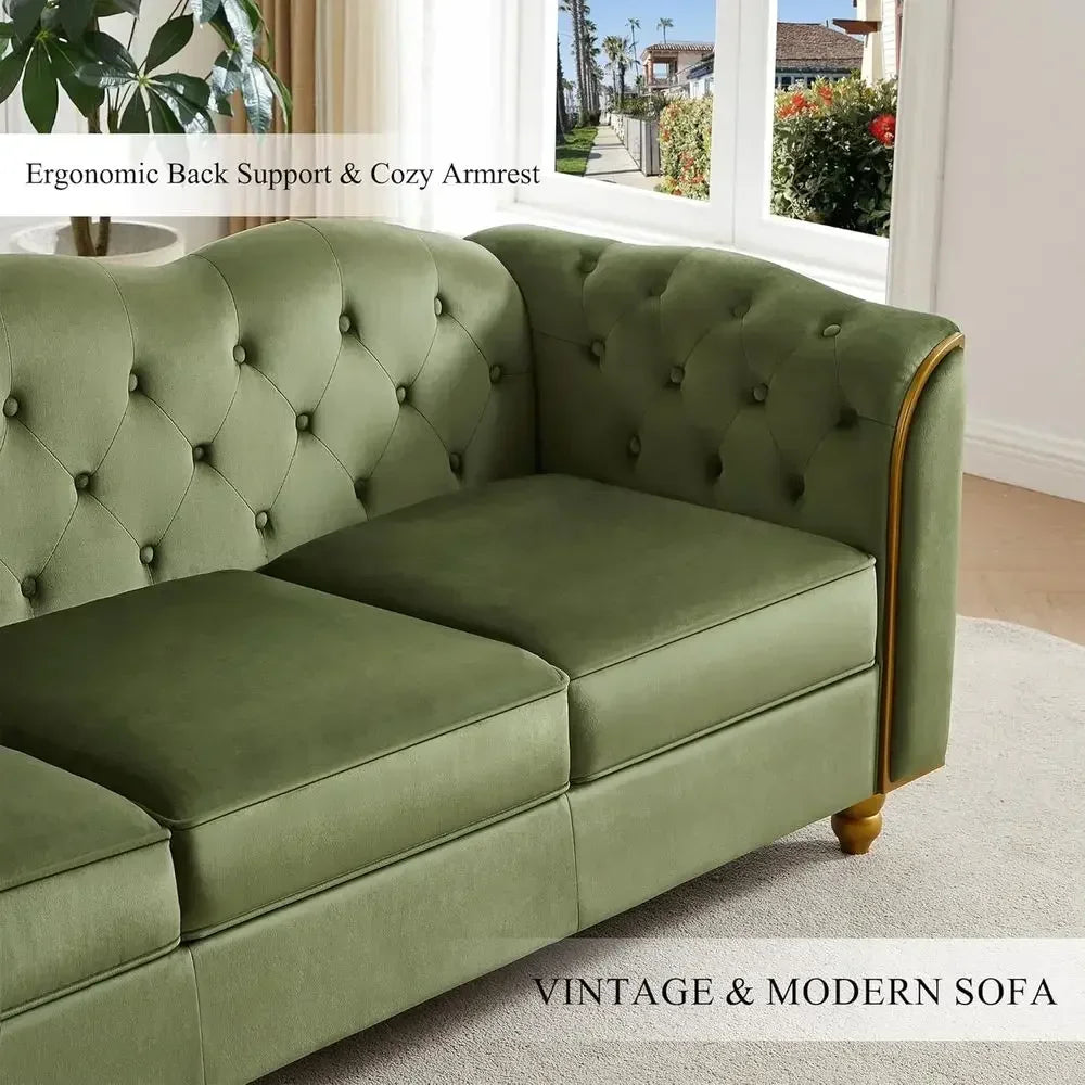 Green Velvet 3-Seater Sofa with Button Tufted Cushions, Gold Trim, and Solid Wood Legs for Living Room or Dorm