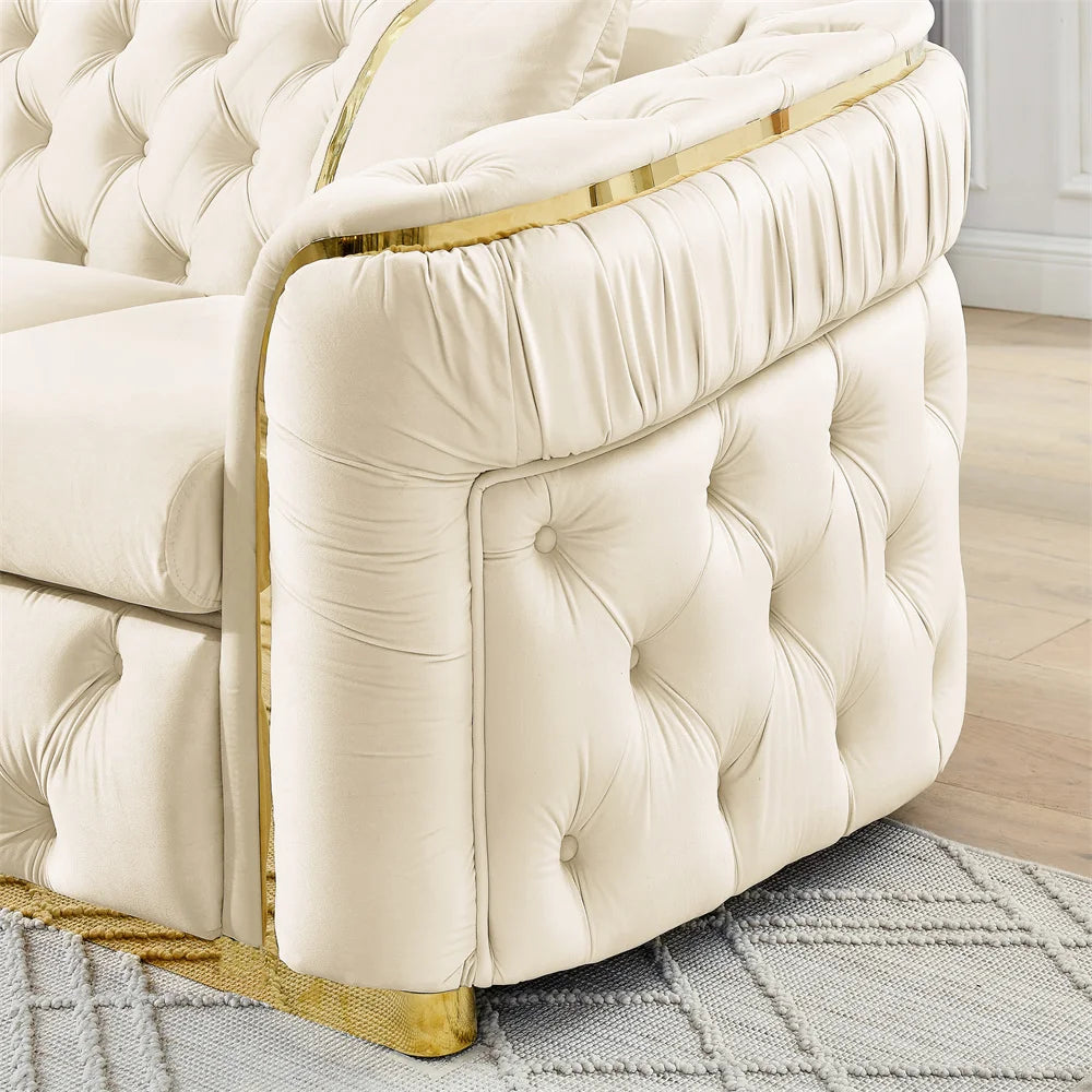 #￥Custom Velvet Button Tufted Sofa Couch with 2 Pillows 3 Seater Luxury Chesterfield Sofa Set with Gold Stainless Steel Accents