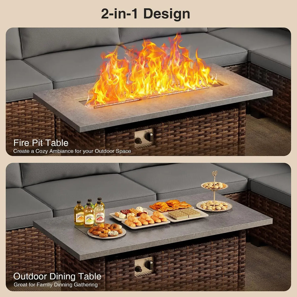 Qsun 8 Pieces Outdoor Patio Furniture Set with 44.9" Fire Pit Table, All-Weather Wicker Outdoor Patio Sectional Set with Coffee