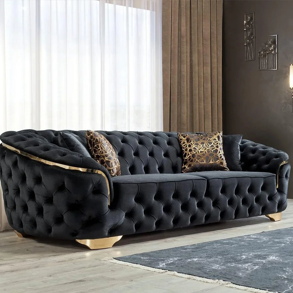A Light Luxury Living Room Black Velvet 2 Seater Sofa With Gold Leg Upholstered Tufting Loveseat Lounge Sofas Couch Sets