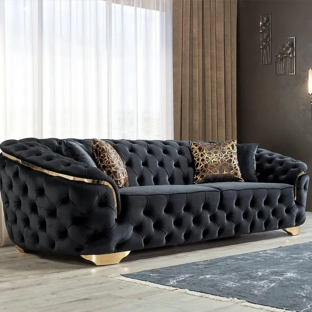 A Light Luxury Living Room Black Velvet 2 Seater Sofa With Gold Leg Upholstered Tufting Loveseat Lounge Sofas Couch Sets