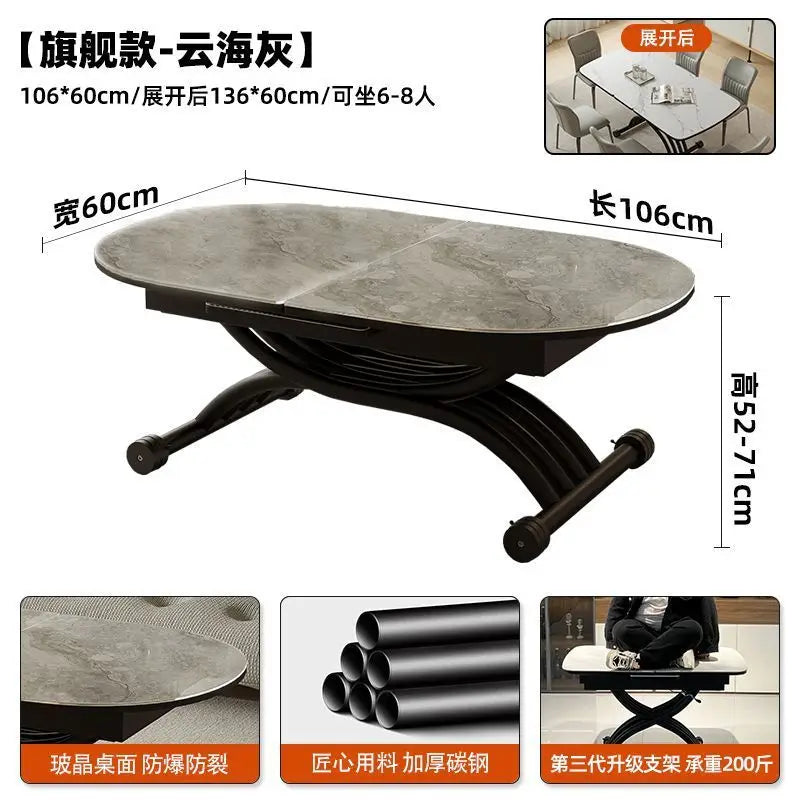 Black light luxury rock slab lifting coffee table dining  dual-purpose retractable mobile dining