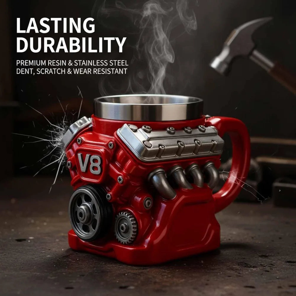 Retro Engine Coffee Mug with Handle 300ML V8 Engines Stainless Steel Cup Double Wall Realistic Design Insulation Car Mug