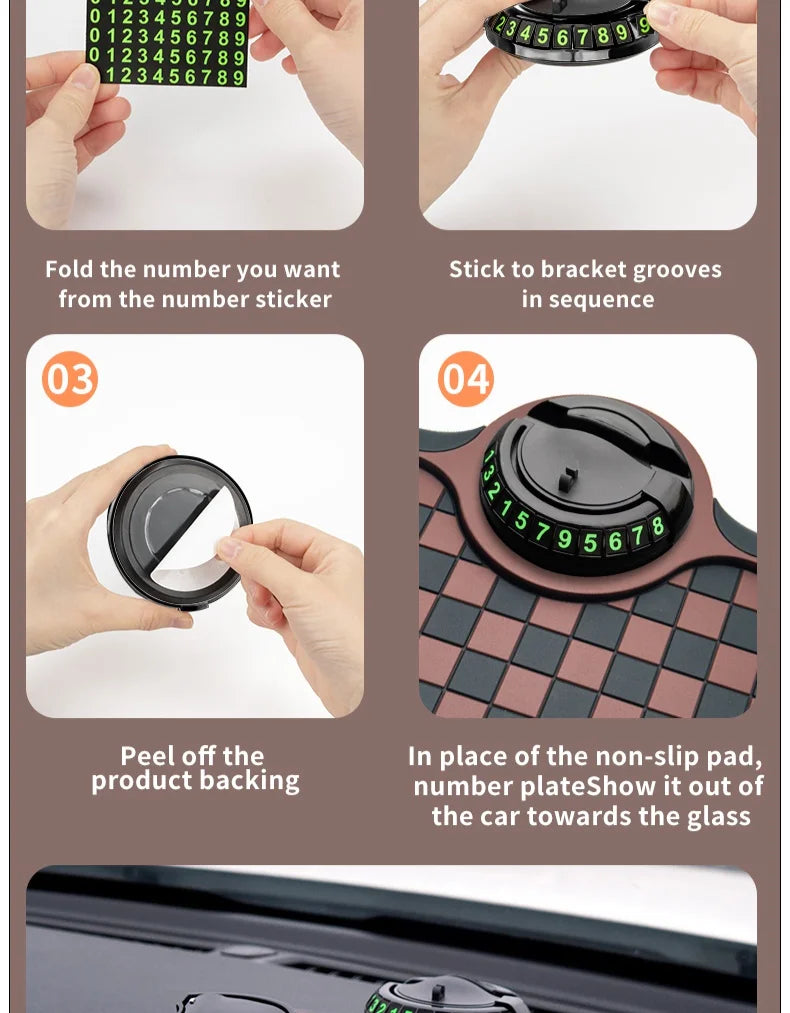 Multifunctional Plaid Anti-Slip Mat Car Phone Holder 360° Rotatable Temporary Parking Card Auto Accessories