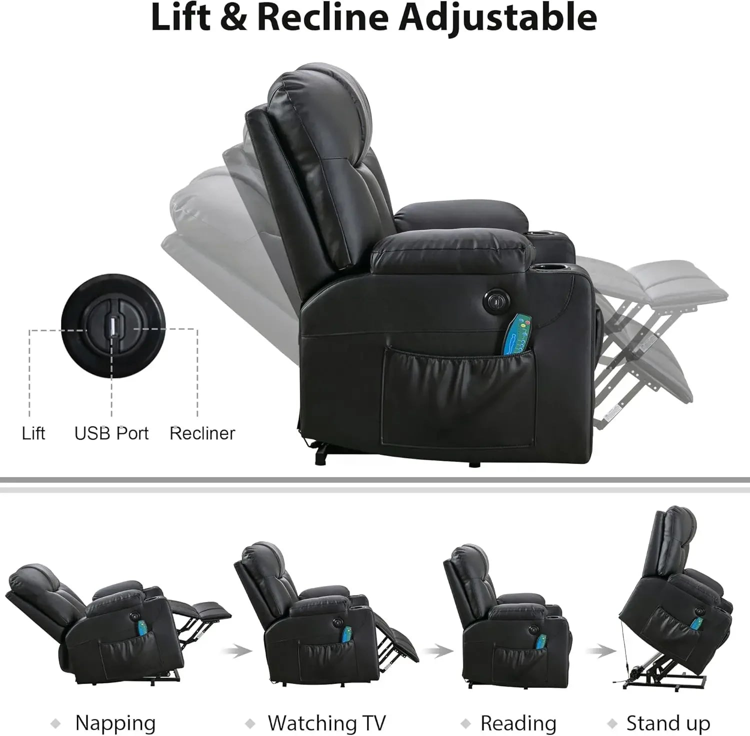 Extra Wide Lift Chair Heat Massage Power Recliner for Elderly 2 Cup Holders