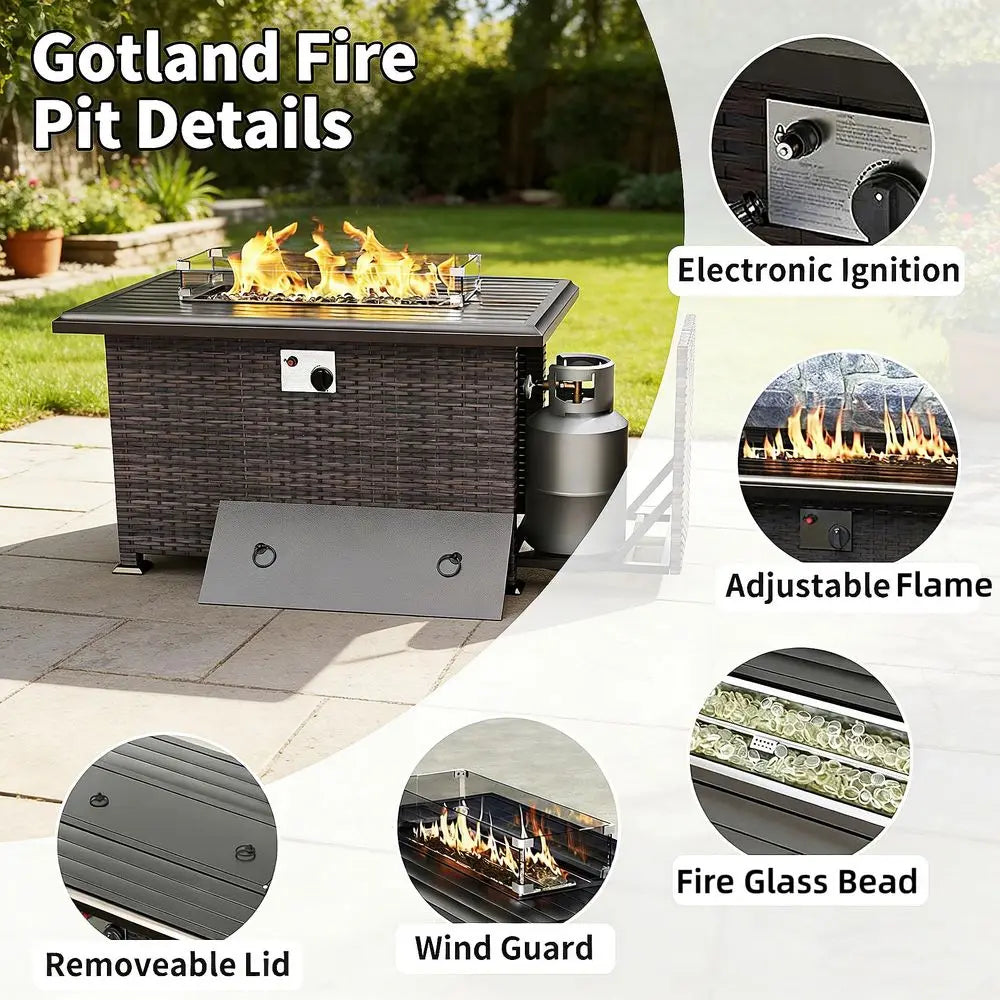 8 Pieces Patio Furniture Set with Fire Pit Table, All Weather Rattan Outdoor Furniture with 29.5 High Backrest 4 Thick Cushions