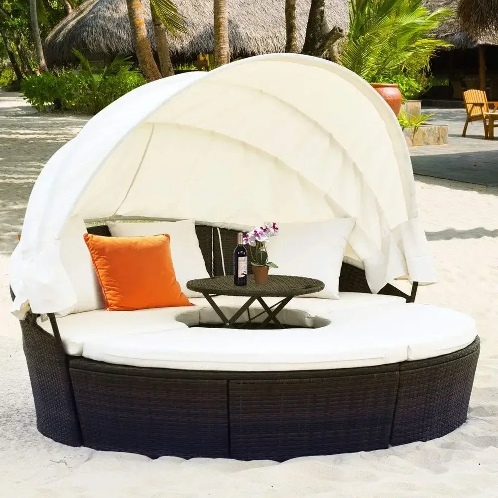 Patio Round Daybed with Retractable , Outdoor Wicker Rattan urniture Sets, Sectional Soa Set w/Height Adjustable Coee Table, Rat