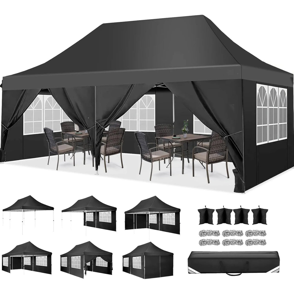 10x20 Pop up Canopy Heavy Duty Party Tent with 6 Removable Sidewalls, Waterproof Commercial Outdoor Gazebo for Wedding Events BBQ, Instant Sun Protection Shelter Multi-color Raised Roof Pavilion with 4 Sandbags Carrying Bag
