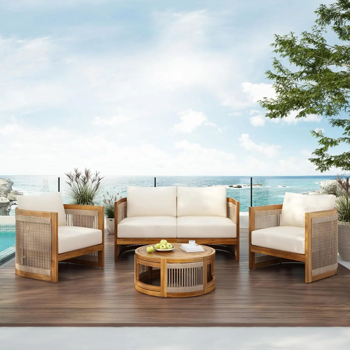 4-Piece Patio Set, All Weather Sectional w/ 2 Chairs, Loveseat & Table, Acacia Wood Outdoor Furniture with Cushions, Customized