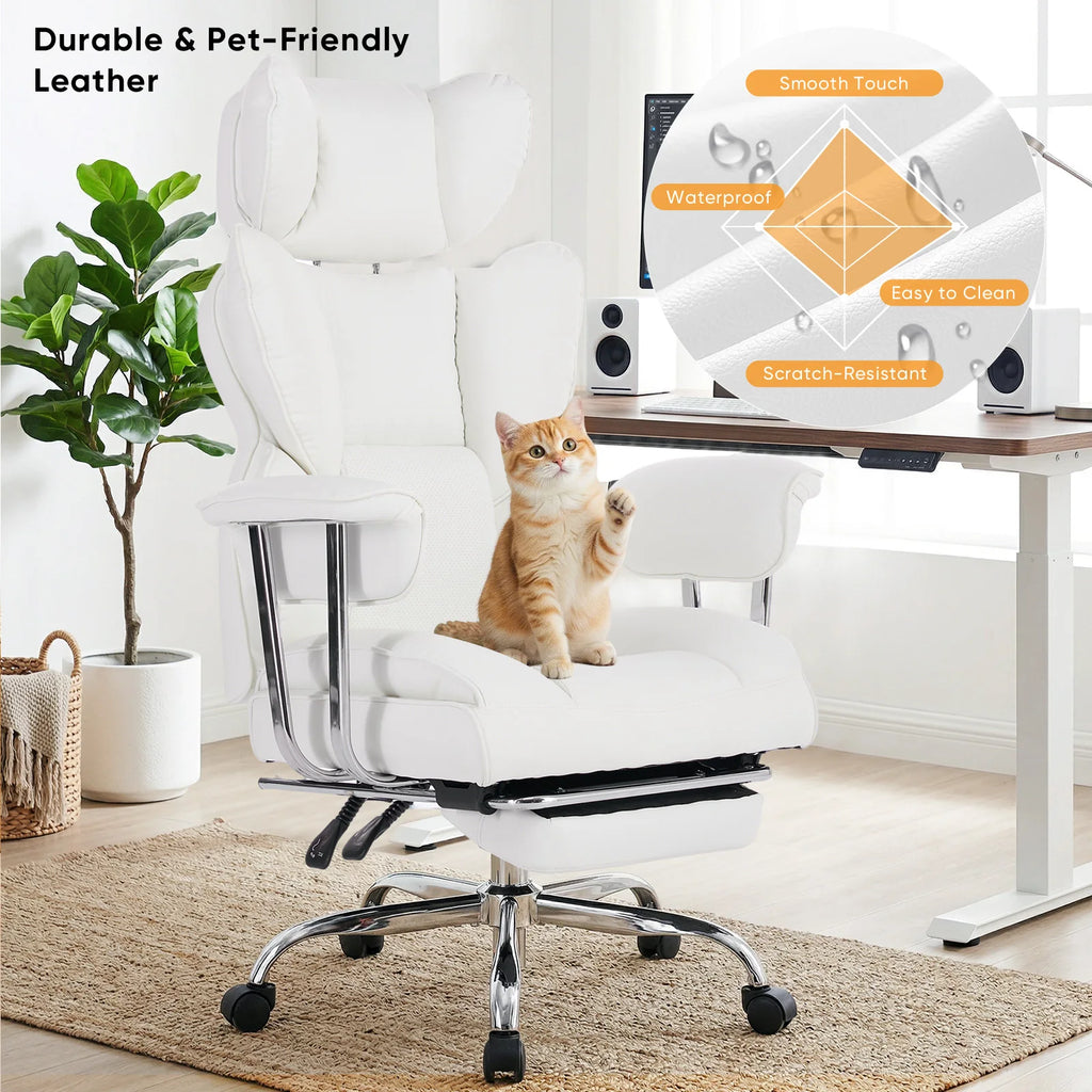 MCQ PU Leather Fix Armrest Ergonomic Office Desk Chair with Footrest Gaming Chair with High Back Reclining and Lumbar Support Height Adjustable with 360° Swivel