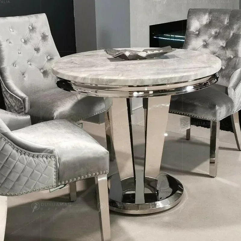 y8- High-End Stainless Steel Marble Round Dining Table and Chair Set for Home Post-Modern Minimalist