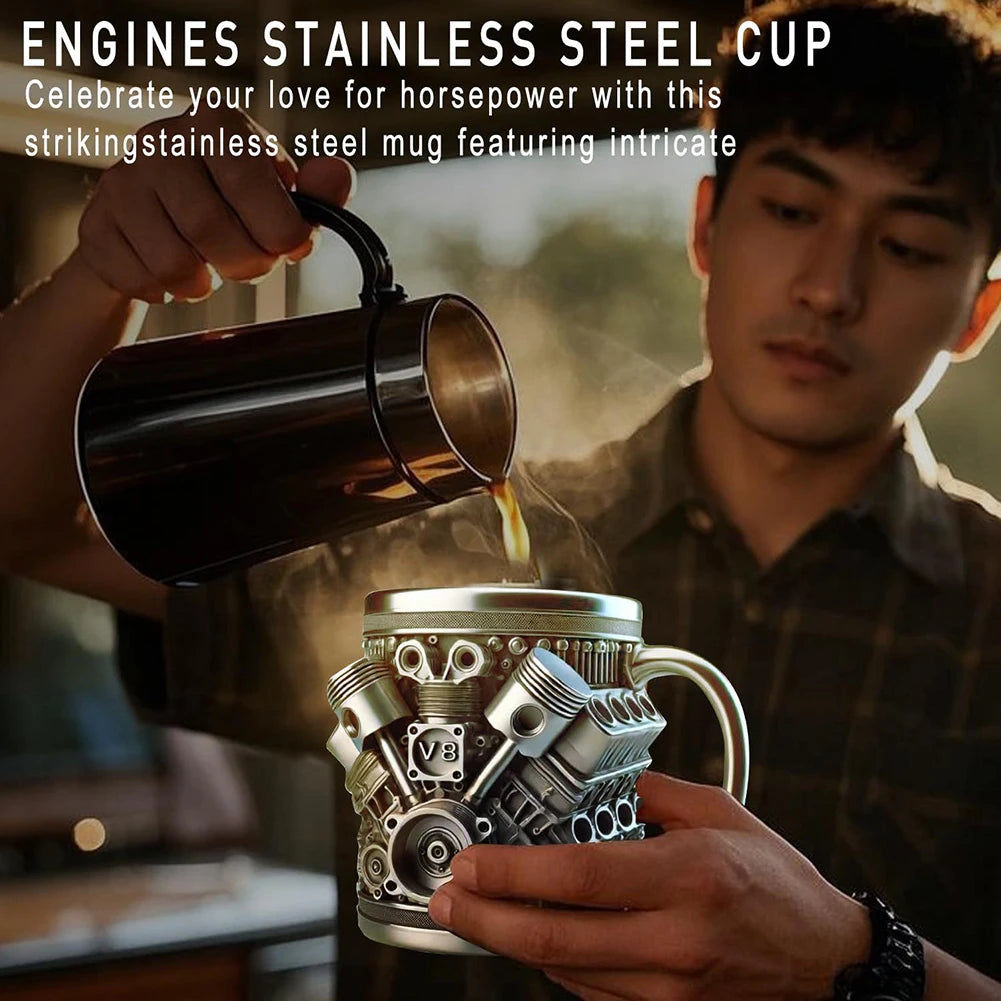 Coffee Mug Personalized Stainless Steel Mug Engine Design Punk-Style Drinking Cup Double-Wall Insulated Cup For Car Enthusiasts