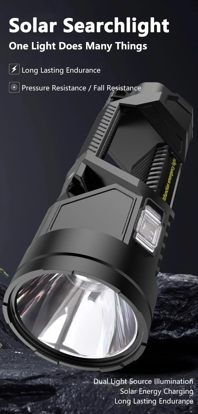 Powerful XHP70 LED Flashlight Solar Charging Searchlight Long Range USB Rechargeable Camping Lantern Multifunctional Work Light