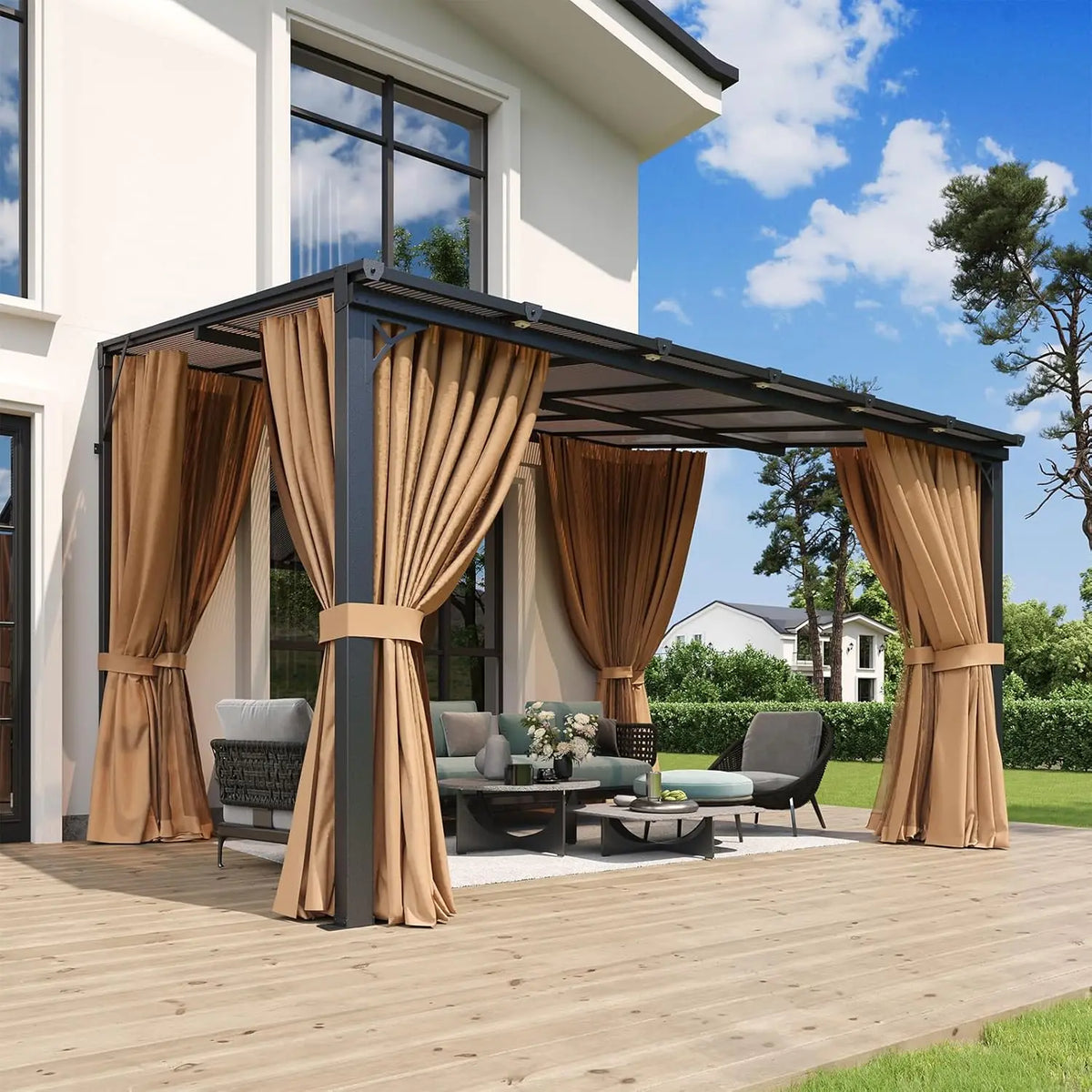 10x12ft Aluminum Lean-to Gazebo, Mosquito Net, Curtains & Polycarbonate Panel for Patio, Custom