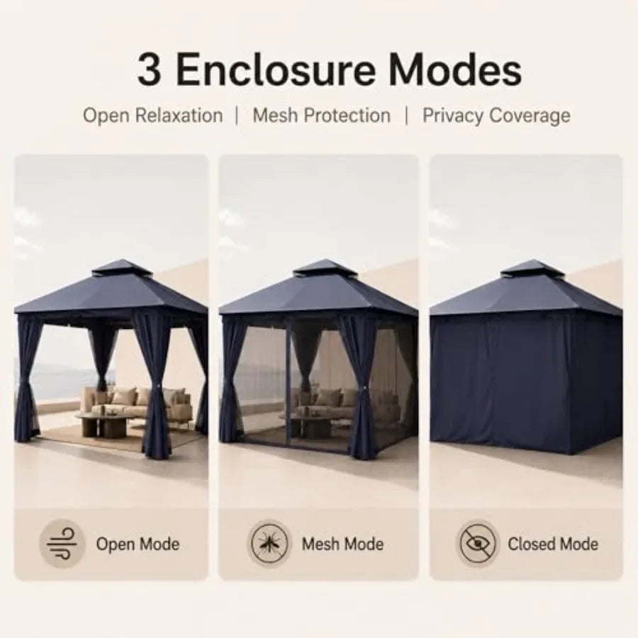 10'x13' Outdoor Gazebo, Heavy Duty Metal Patio Canopy Tent Shelter with Double Roof, Mosquito Netting and Privacy Curtains for