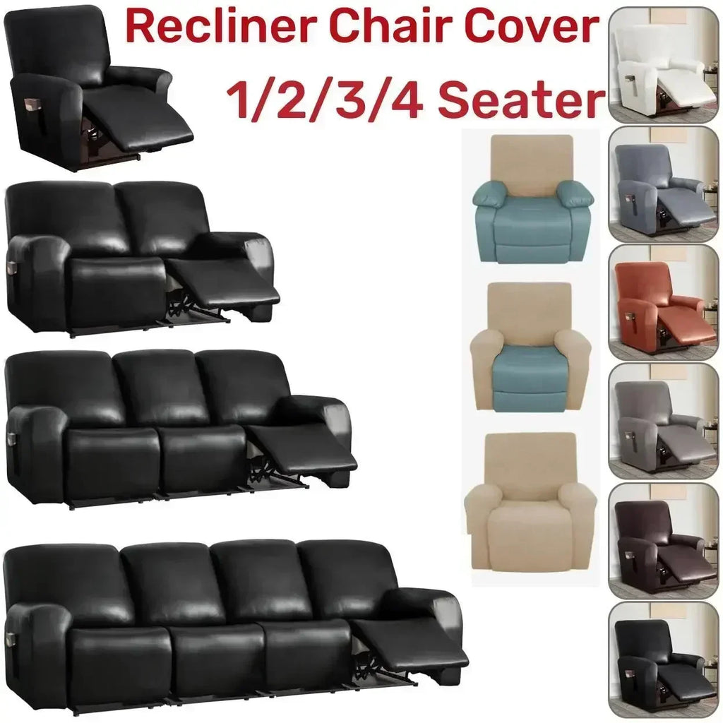 1/2/3 Seat Waterproof Recliner Sofa Cover PU Leather Armchair Cover Solid Color Elastic Relax Single Sofa Slipcovers Home Hotel