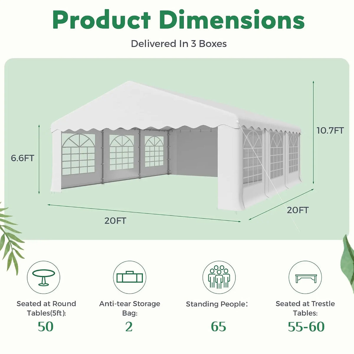20X20FT Party Tent, White Outdoor Wedding Canopy with Removable Sidewalls and Church Windows, Heavy Duty Pavilion, Customized