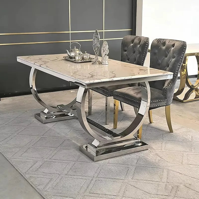 # Factory Wholesale Solid Marble Dining Table with Silver Circle Decorations
