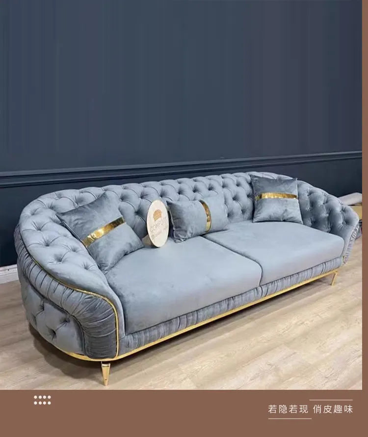 Luxury Chesterfield Sectional Sofa Set with Cloth Buttons and Fabric Modular Couch with Gold Stainless Steel Base, 3-seater Sofa