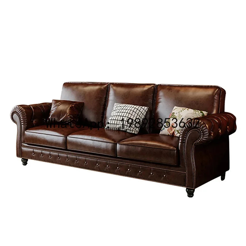 4-10 genuine leather sofa, living room 3-4 seater sectional, vintage oil wax leather brown straight sofa
