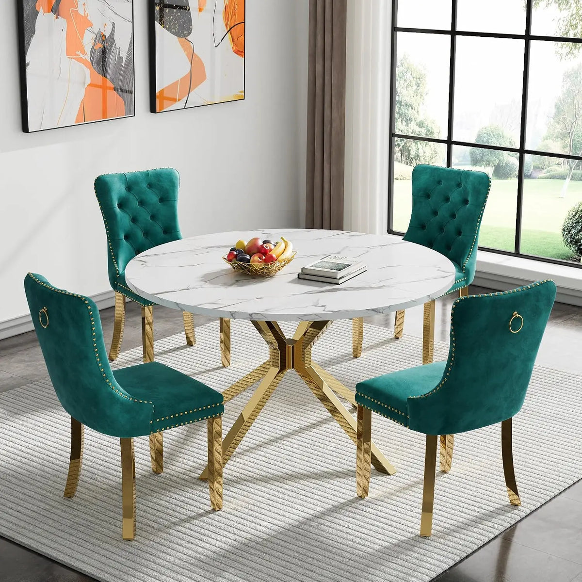 4-Seat Round Dining Table Set, 47" White Faux Marble Table with 4 Beige Velvet Tufted Chairs, Gold Stainless Steel, Customized