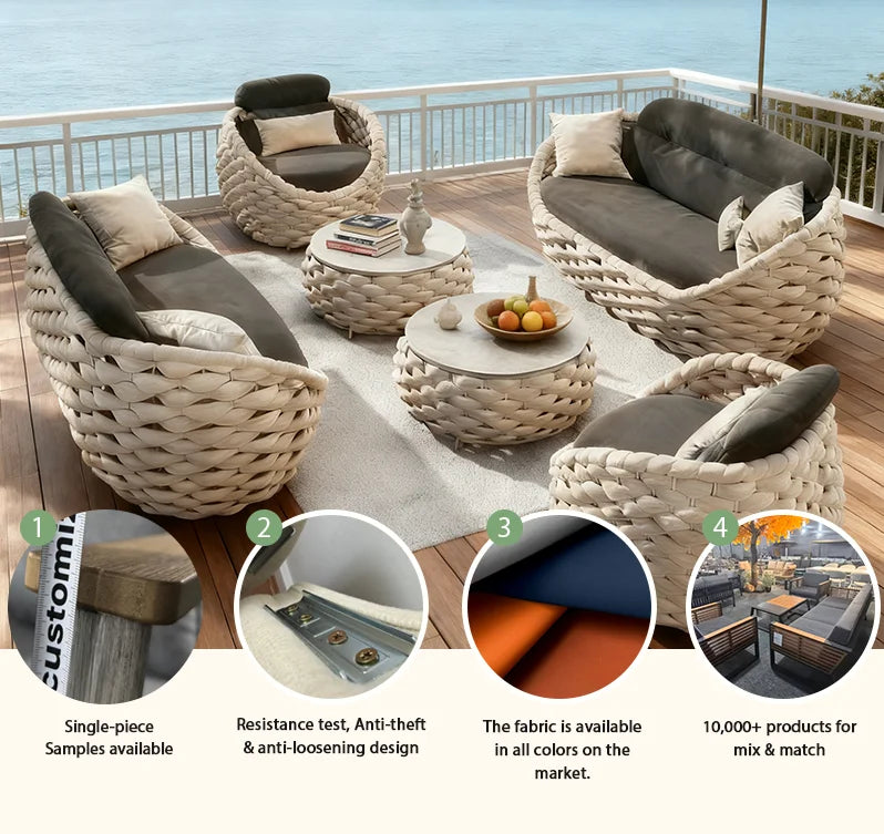 Modern Outdoor Furniture, Waterproof Weather Resistant, Rope Weaving Garden Sofa Set for Courtyard Hotel Patio Restaurant