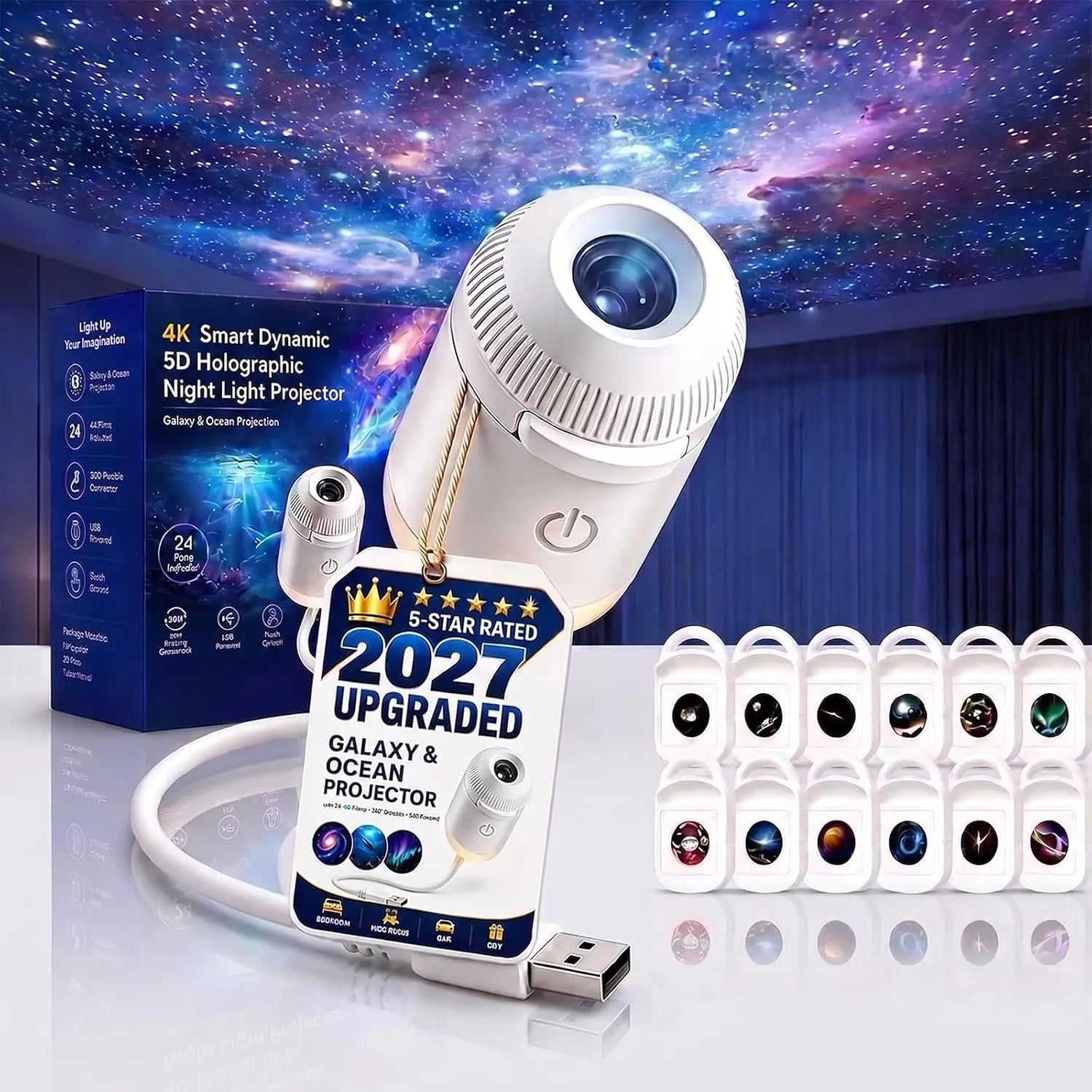 2027 Upgraded Hd Smart Dynamic 5d Holographic Night Light Projector, Plug and Play Hd Star Projector, 360° Adjustable Hd Galaxy