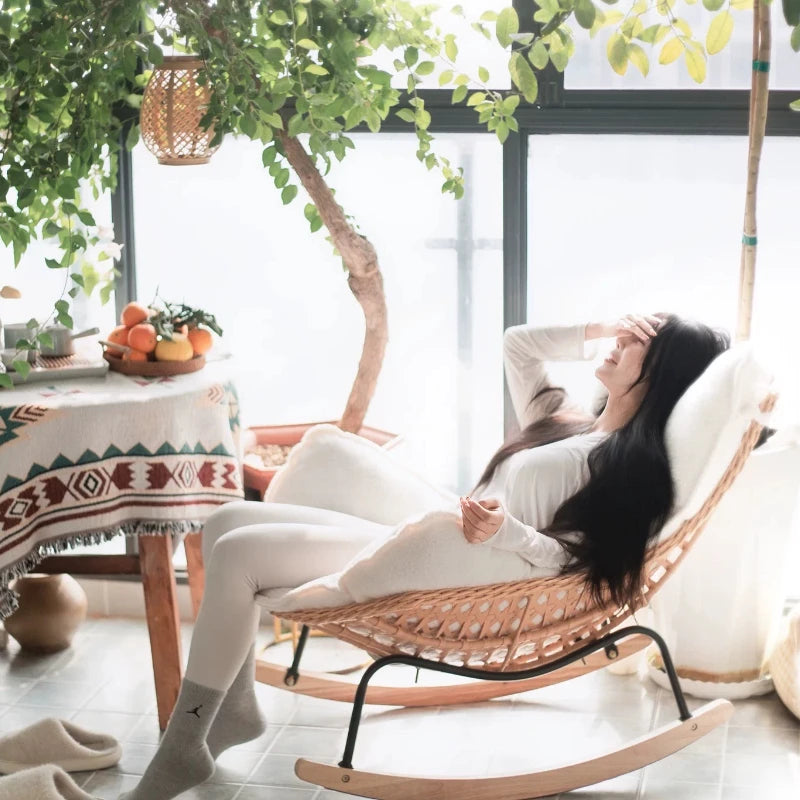 Rattan Rocking Chair for Sleeping Single Recliner Lounge Chair for Living Room Patio Outdoor Relaxing Seat Natural Wicker Rocker